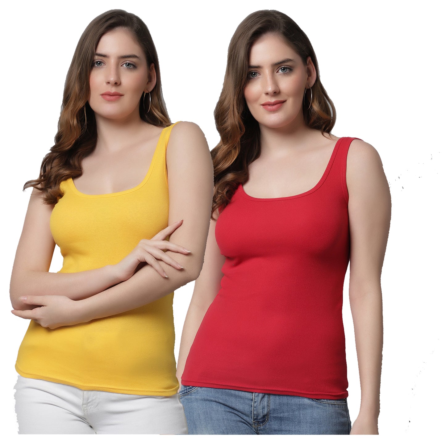 Kex Women Round Neck Tank Top Yellow & Red Pack of 2