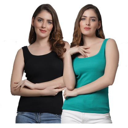 Kex Women Round Neck Tank Top Black & Sea Green Pack of 2