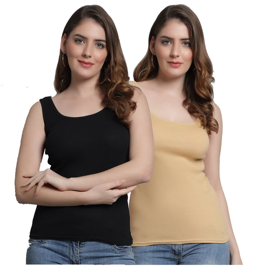 Kex Women Round Neck Tank Top Black & Beige Pack of 2