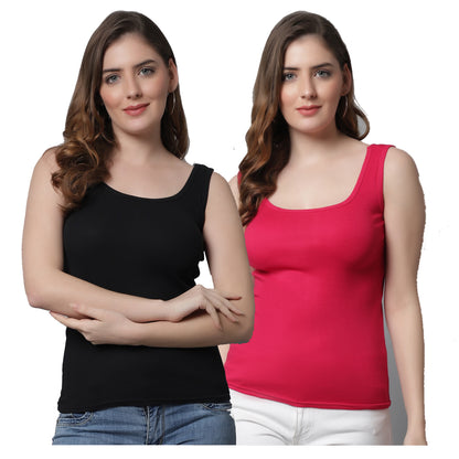 Kex Women Round Neck Tank Top Black & Pink Pack of 2