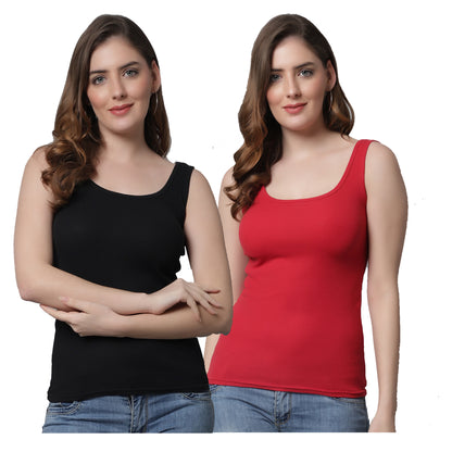 Kex Women Round Neck Tank Top Black & Red Pack of 2