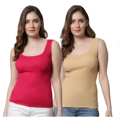 Kex Women Round Neck Tank Top Pink & Beige Pack of 2