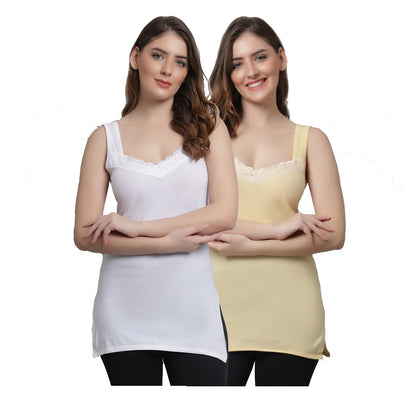 Kex Women Super Cotton Camisole White & Beige Pack of 2