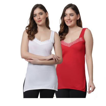 Kex Women Super Cotton Camisole White & Red Pack of 2