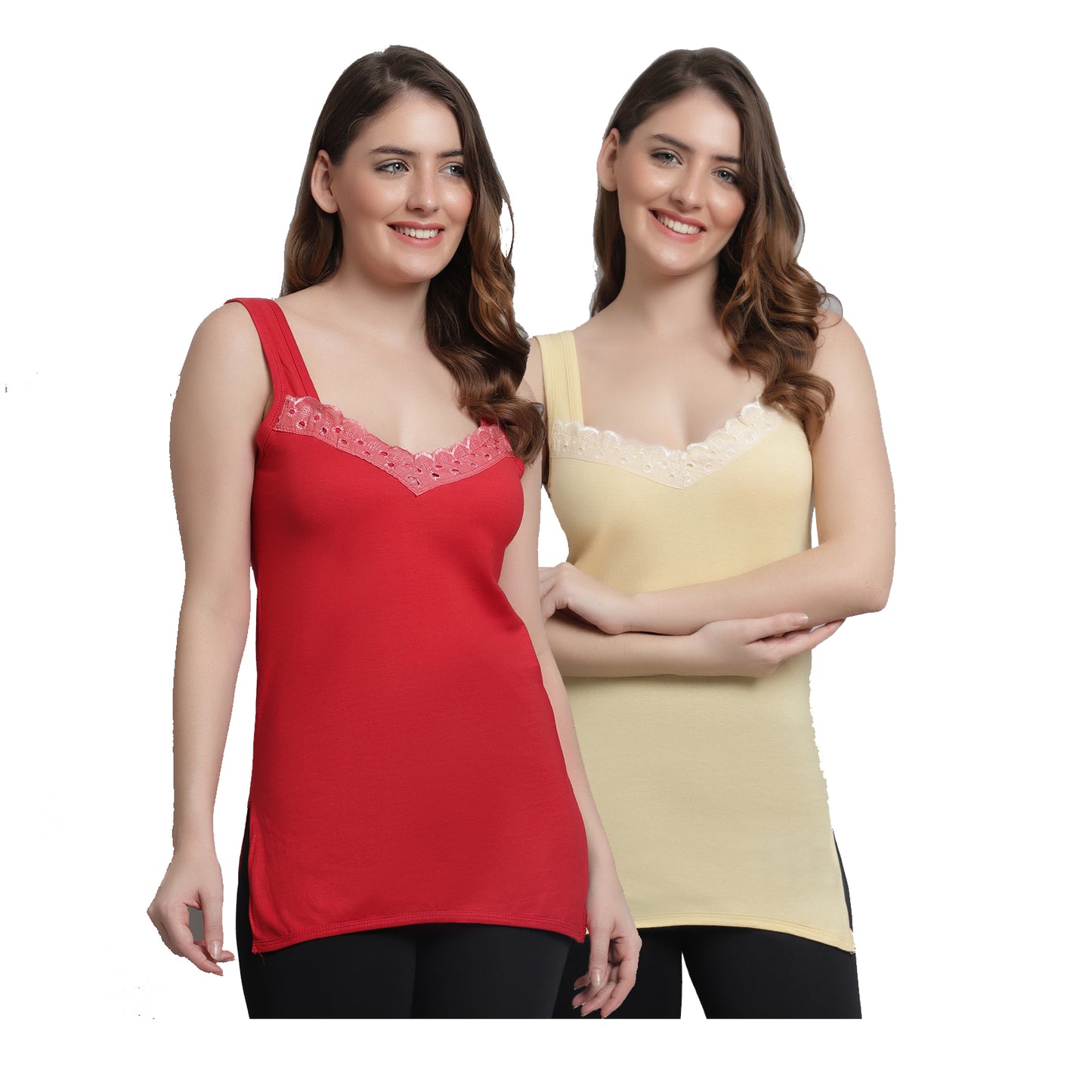 Kex Women Super Cotton Camisole Red & Beige Pack of 2