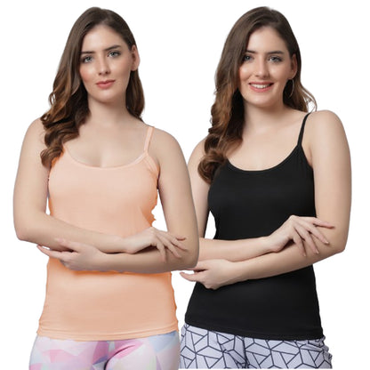 Kex Women Strip Camisole Black & Peach Pack of 2