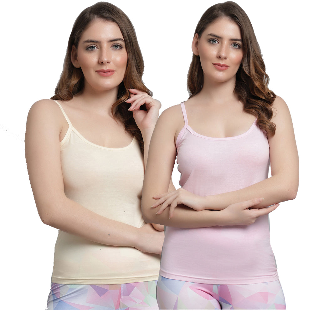 Kex Women Strip Camisole Beige & Pink Pack of 2