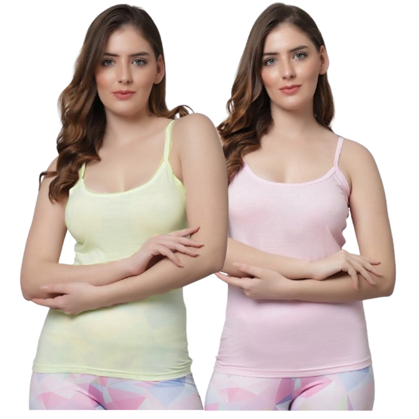 Kex Women Strip Camisole Yellow & Pink Pack of 2