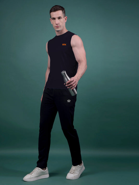 Kex Men Polyester Sleeveless Solid Black Tshirt