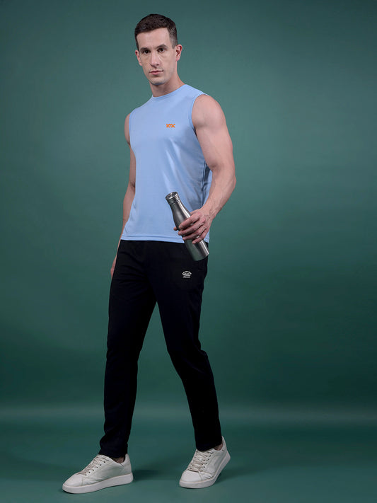 Kex Men Polyester Sleeveless Solid Sky Blue Tshirt