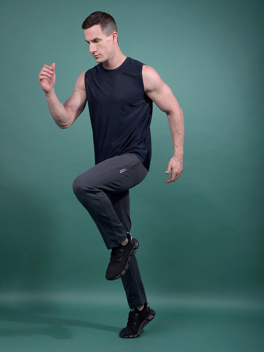 Kex Men Polyester Sleeveless Solid Navy Blue Tshirt