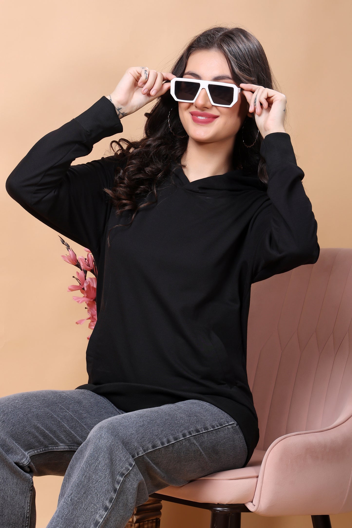 Kex Women Cotton Black Solid Sweatshirt