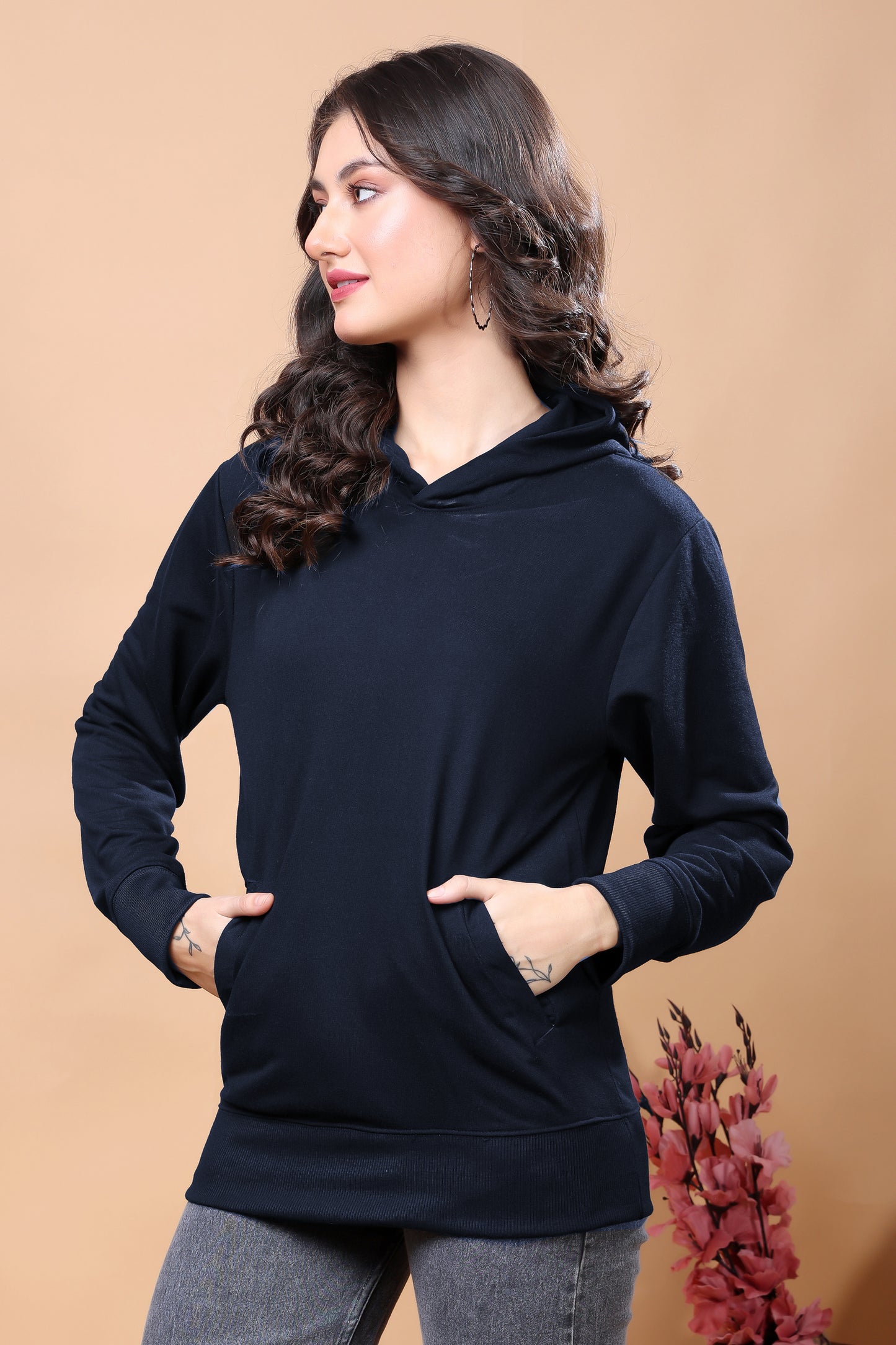 Kex Women Cotton Navy Solid Sweatshirt