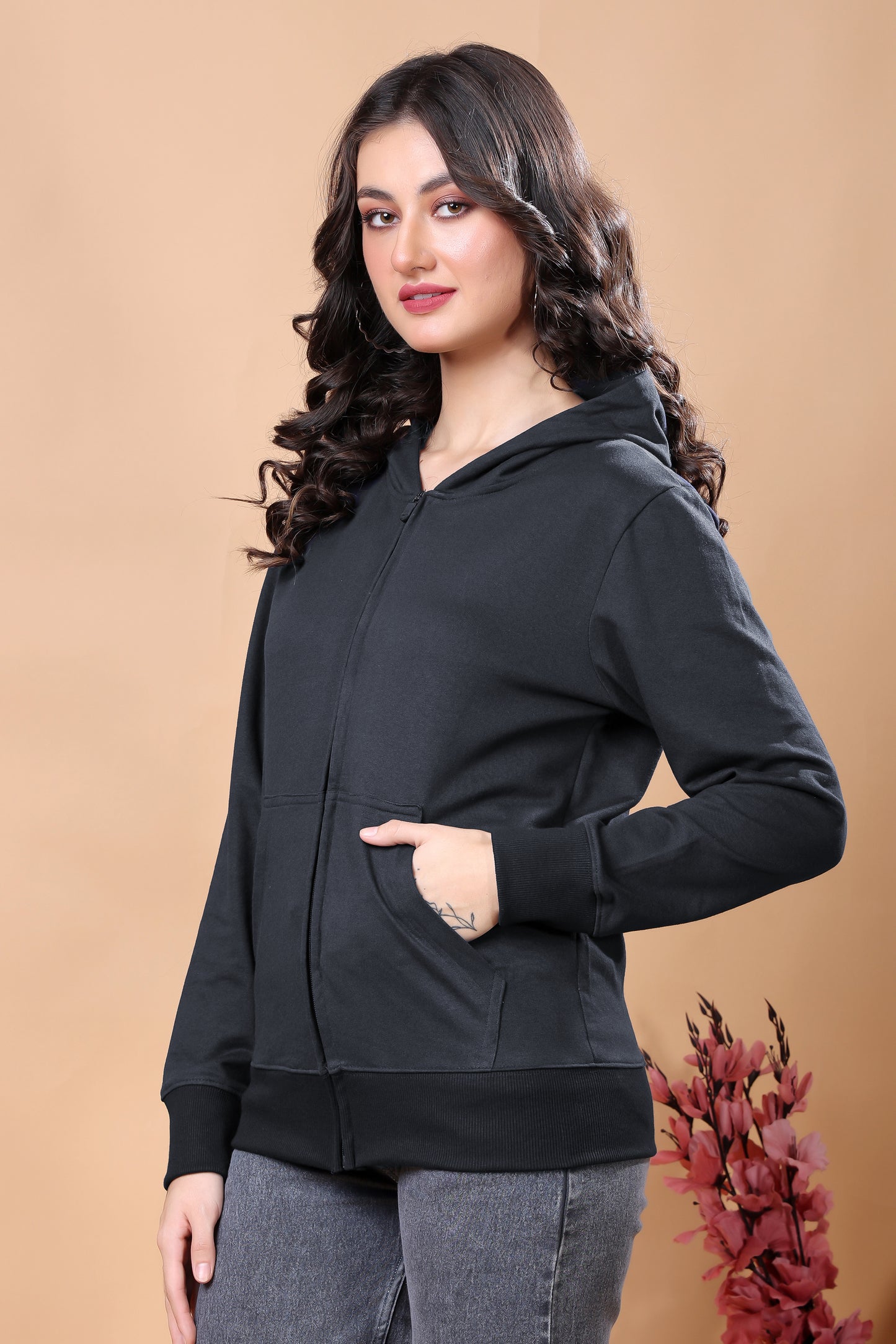 Kex Women Cotton Black Solid Zip Sweatshirt