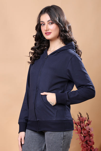 Kex Women Cotton Navy Solid Zip Sweatshirt