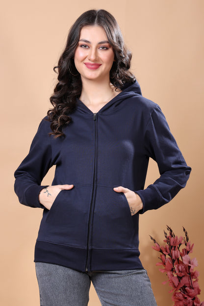 Kex Women Cotton Navy Solid Zip Sweatshirt