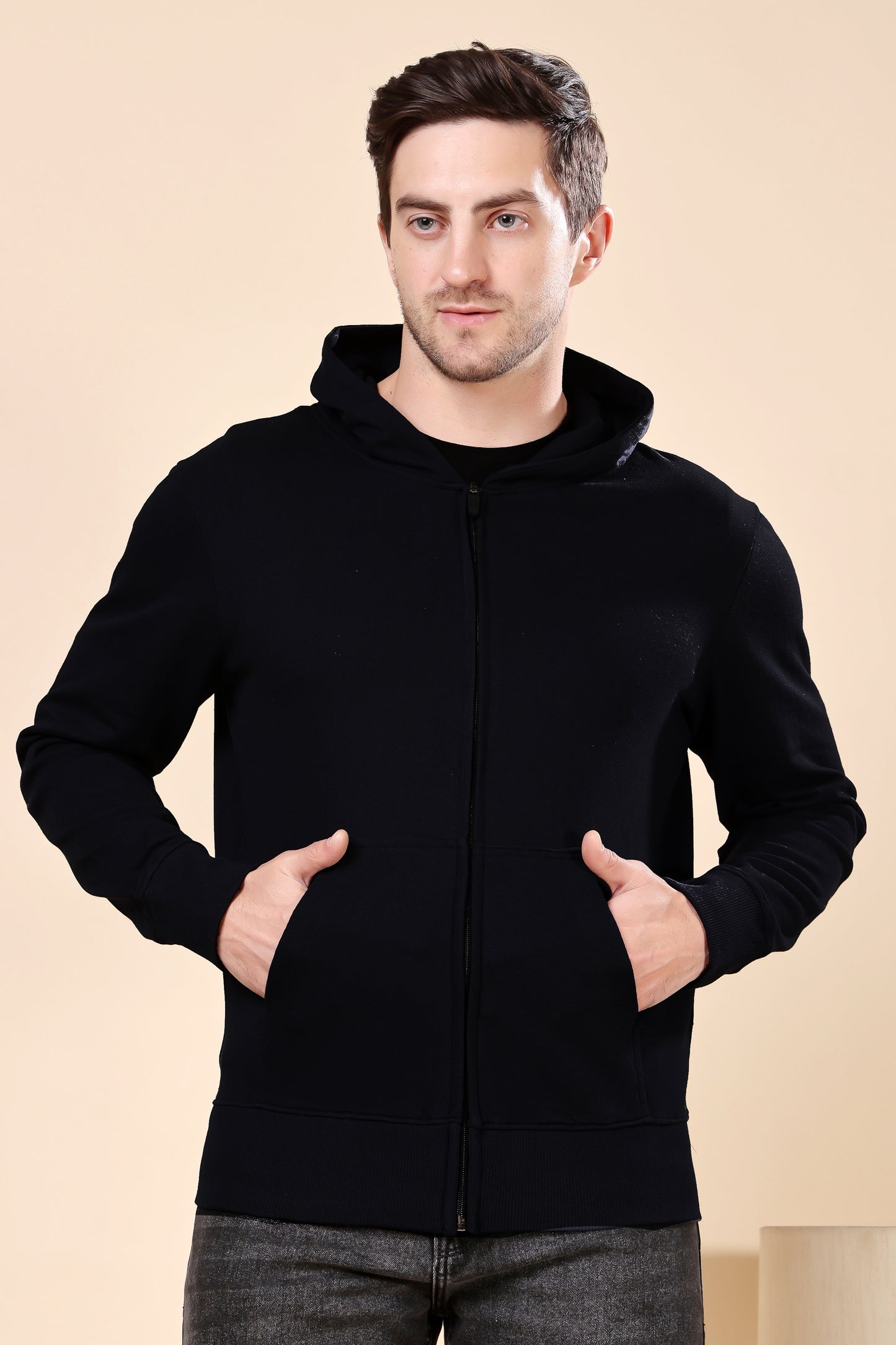 Kex Men Cotton Black Solid Zip Sweatshirt