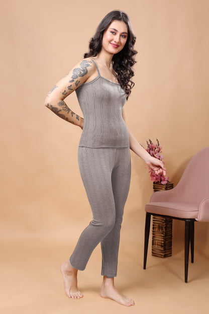 Kex Women Winter Grey Spaghetti Thermal Top & Pyjama