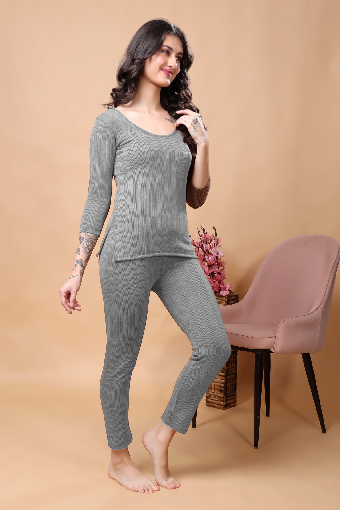 Kex Women Winter Grey Thermal Top & Pyjama