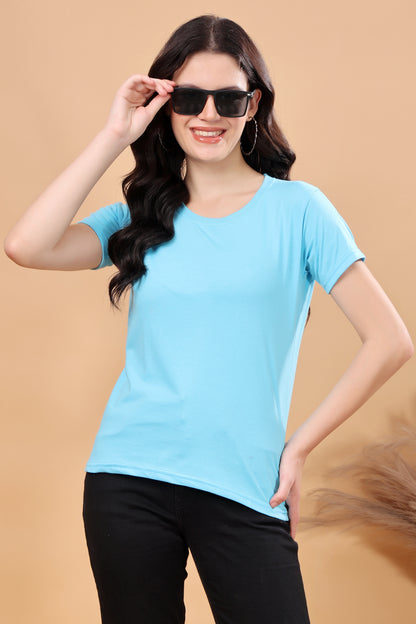 Kex Women Cotton Blend Sky Blue Solid Tshirt