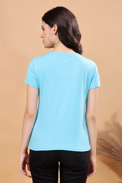 Kex Women Cotton Blend Sky Blue Solid Tshirt