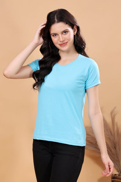 Kex Women Cotton Blend Sky Blue Solid Tshirt