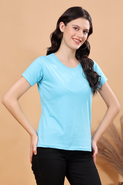 Kex Women Cotton Blend Sky Blue Solid Tshirt