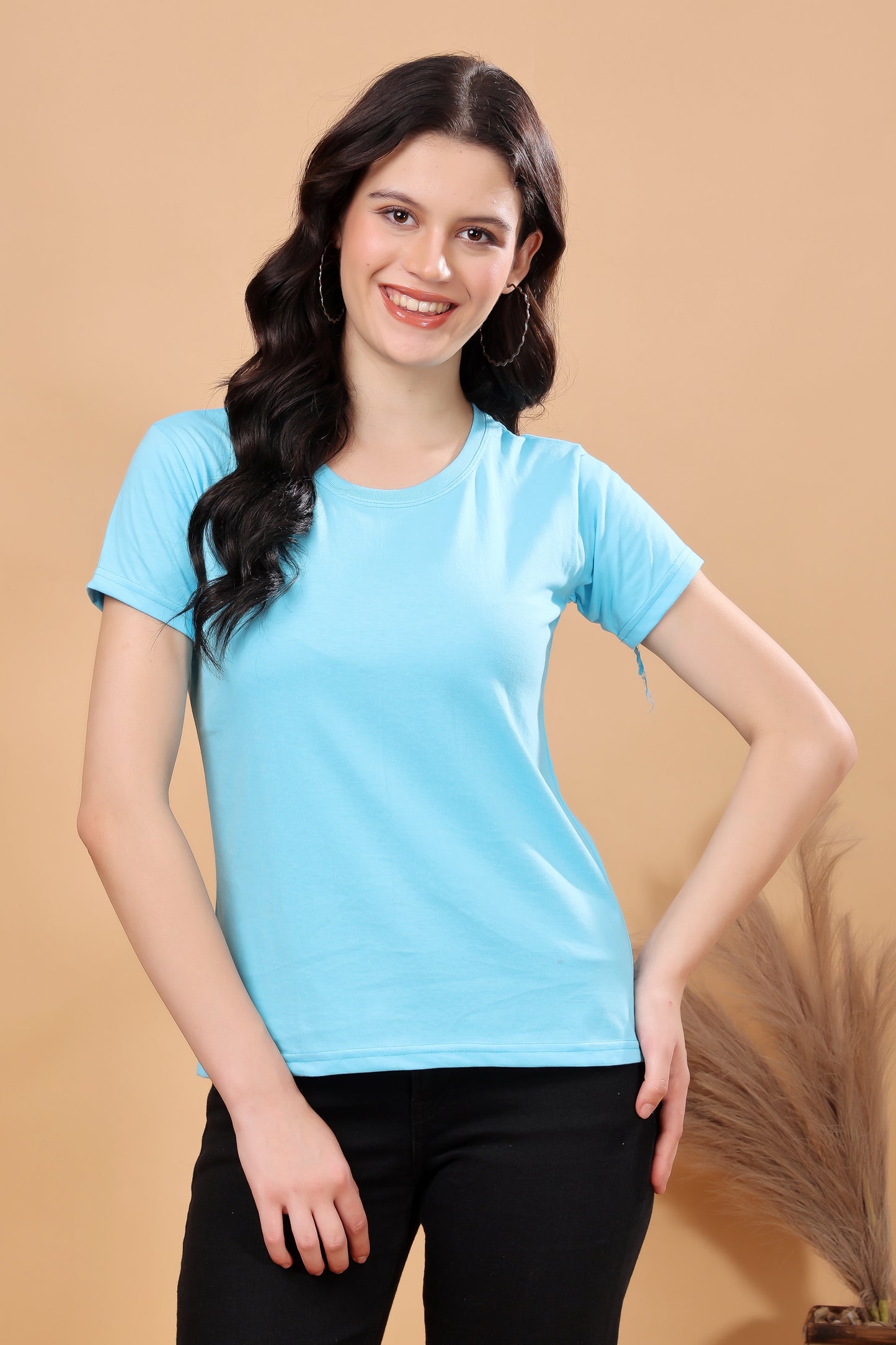 Kex Women Cotton Blend Sky Blue Solid Tshirt