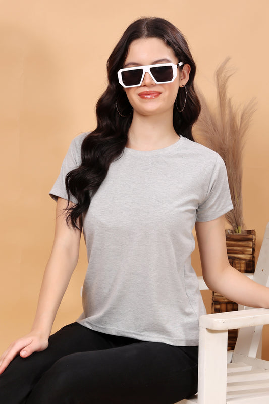 Kex Women Cotton Blend Grey Solid Tshirt