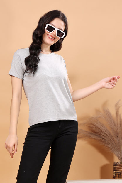 Kex Women Cotton Blend Grey Solid Tshirt