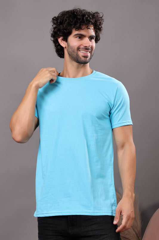 Kex Men Cotton Sky Blue Solid Tshirt