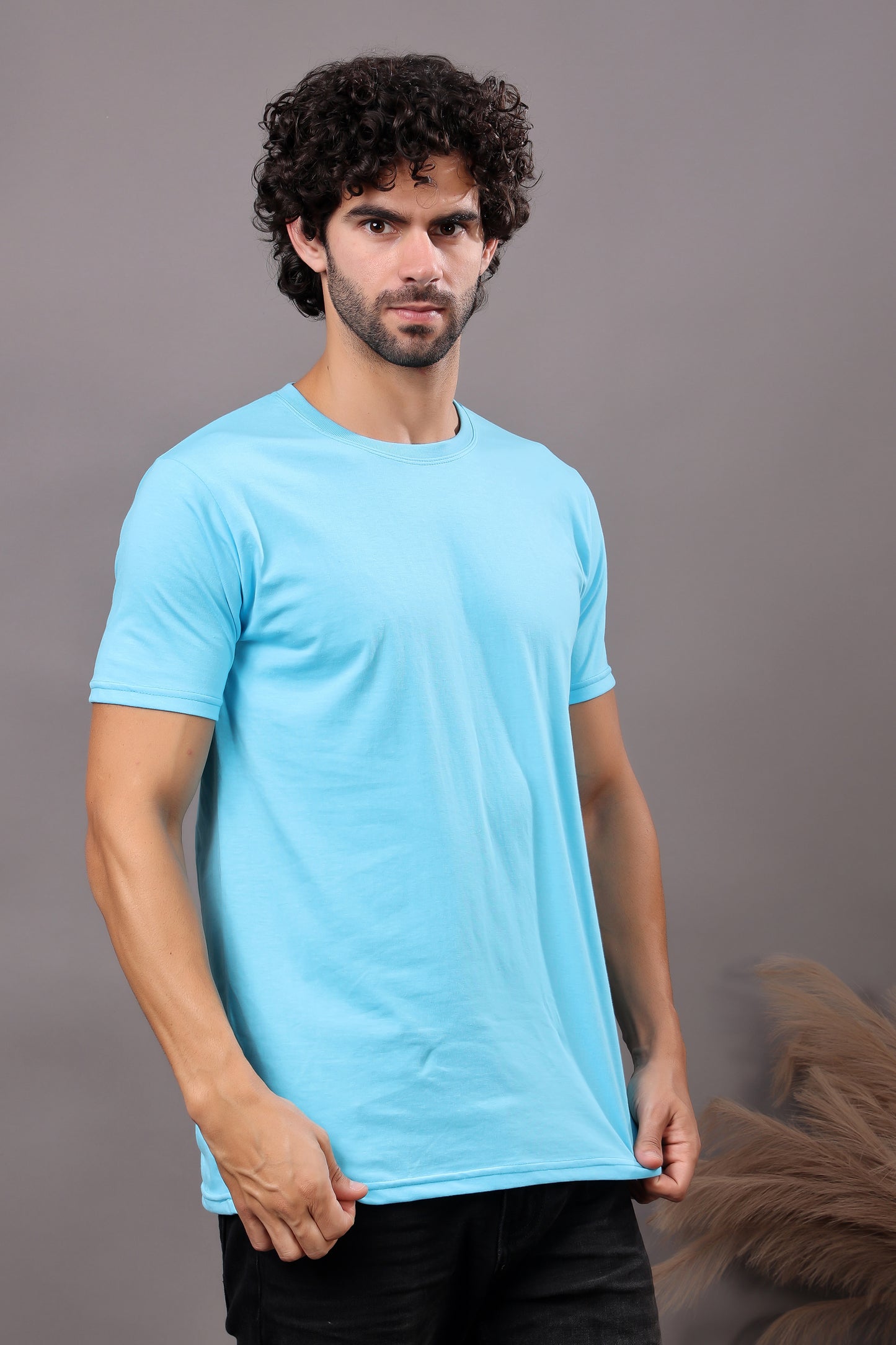 Kex Men Cotton Sky Blue Solid Tshirt