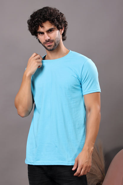 Kex Men Cotton Sky Blue Solid Tshirt