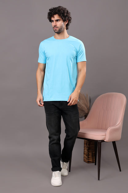 Kex Men Cotton Sky Blue Solid Tshirt