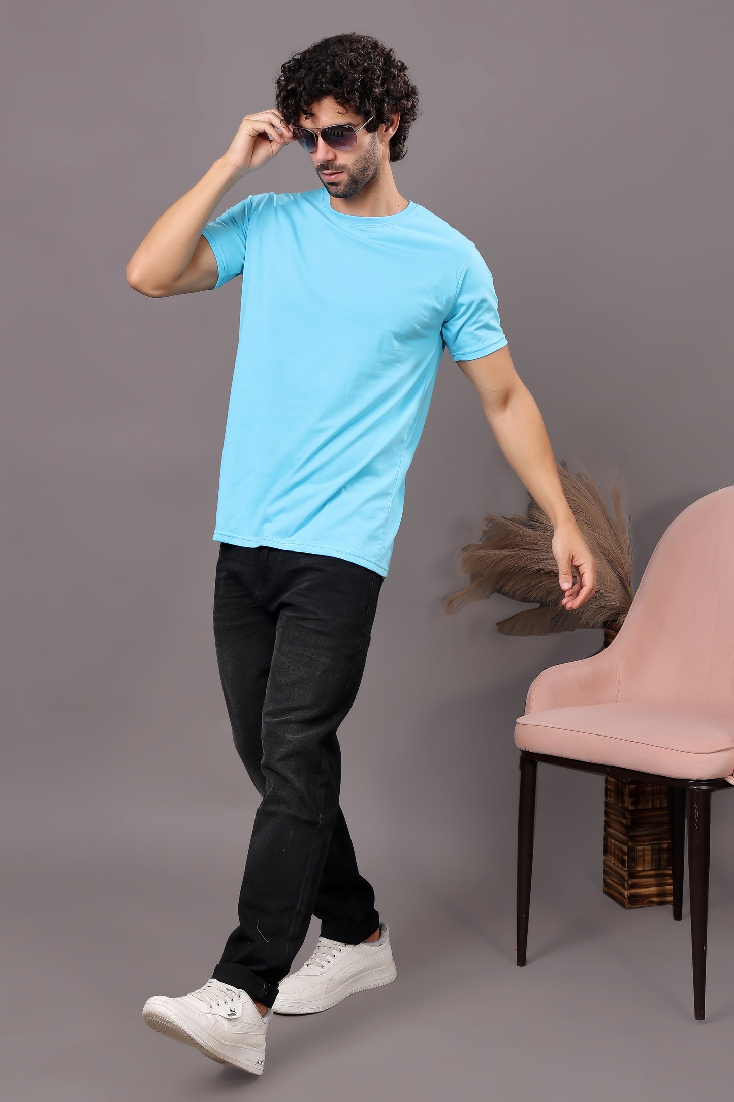 Kex Men Cotton Sky Blue Solid Tshirt